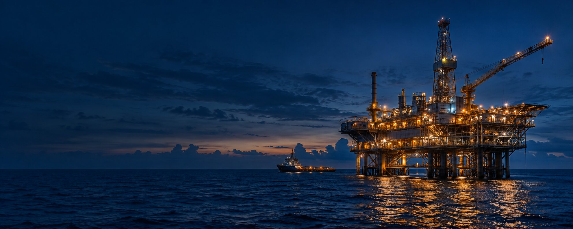 Offshore oil and gas production platform illuminated at dusk
