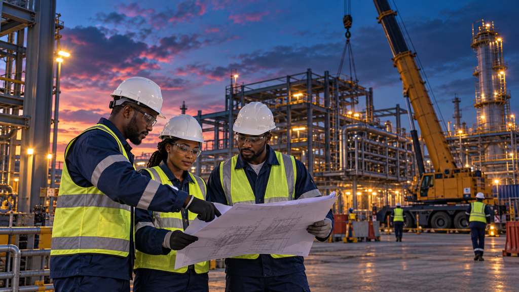 Engineering and construction professionals wearing hard hats at an industrial project site