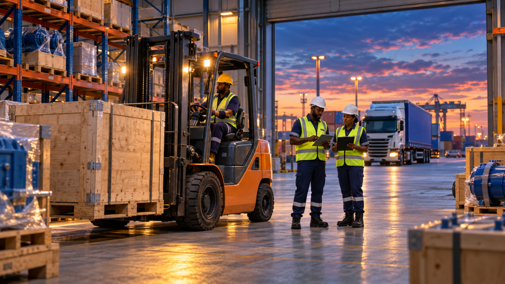 Forklift handling project cargo while logistics professionals coordinate integrated operations