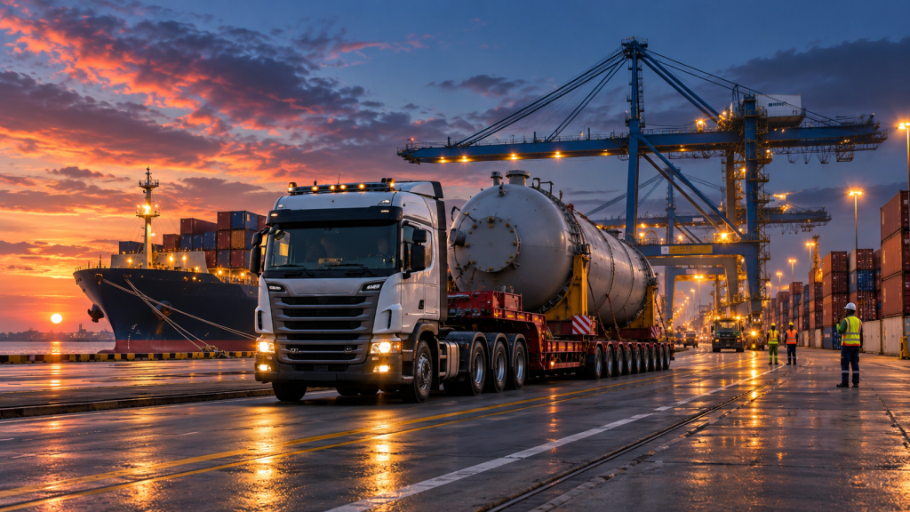 Heavy project cargo truck transporting industrial equipment through a modern seaport terminal