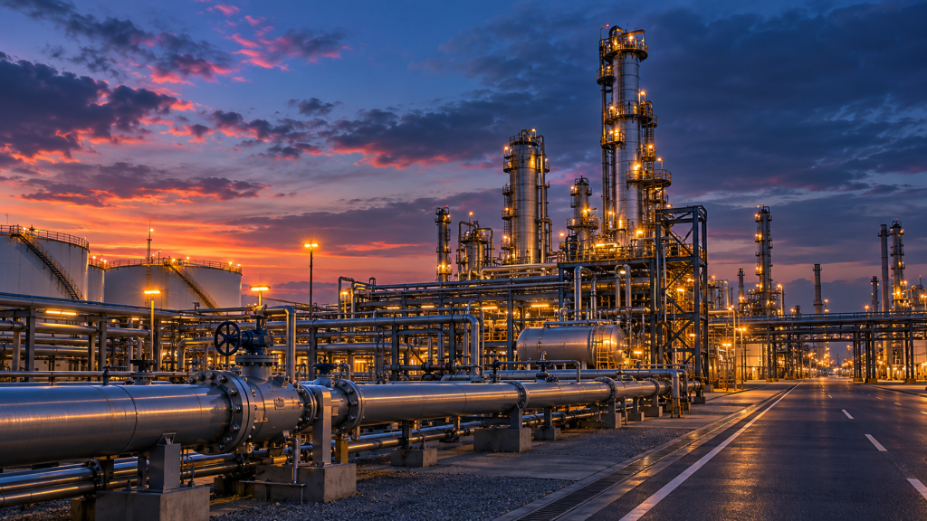 Modern petroleum refinery towers and process infrastructure